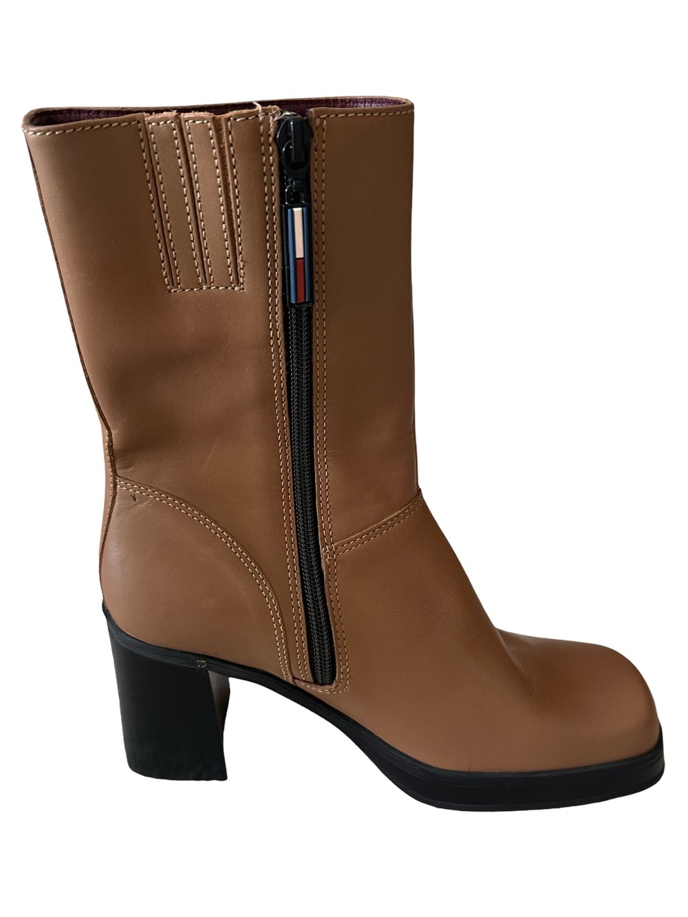 Tommy Hilfiger Vintage Chestnut Tan Leather Mid-Calf Zip Chunky Heel Boots